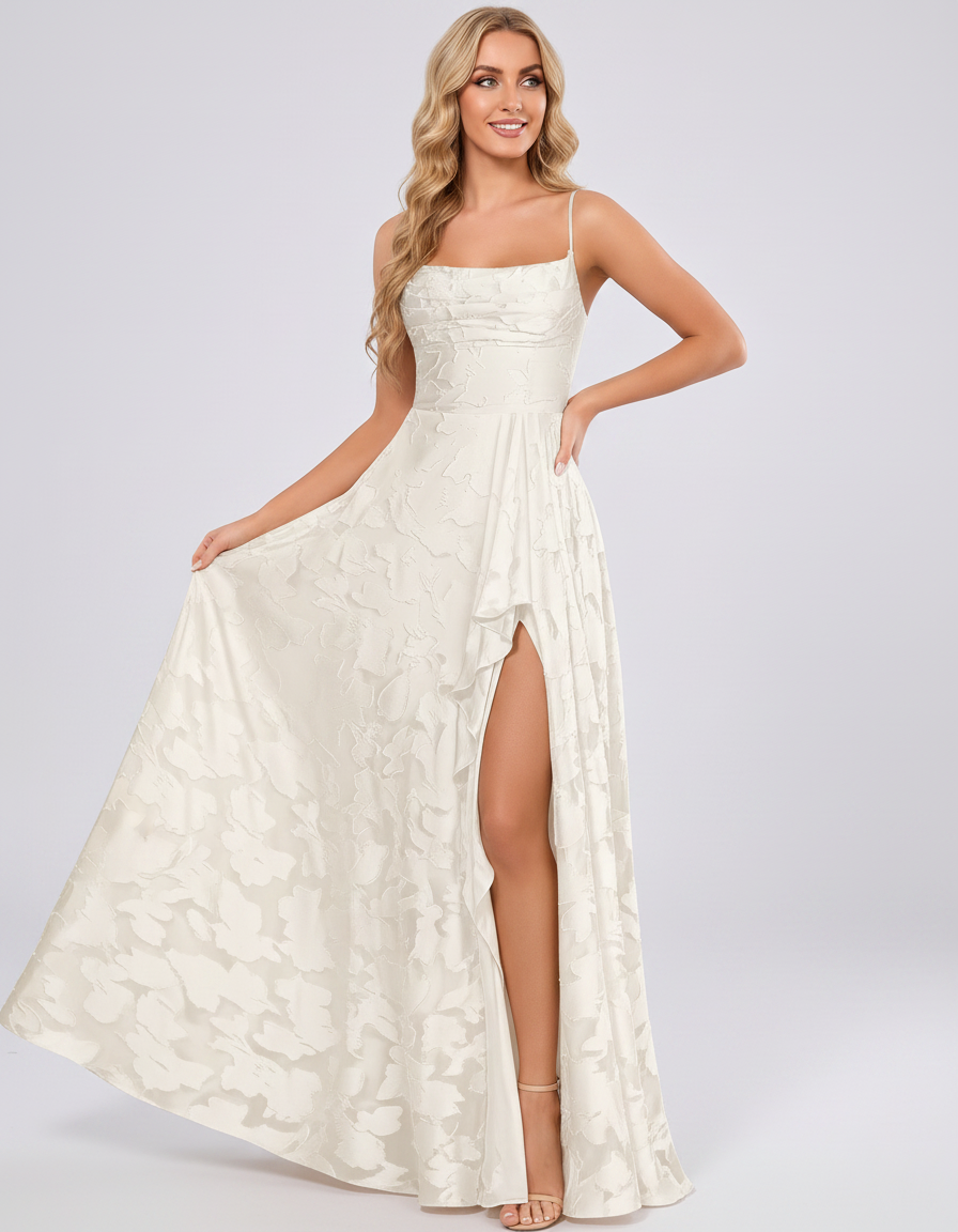 Сhampagne Floral Jacquard Chiffon Sleeveless Square Neck A-Line Maxi Dress | Ramblion | SKU: SM-483920571684315-CHAMPAGNE-L,SM-483920571684315-CHAMPAGNE-M,SM-483920571684315-CHAMPAGNE-S,SM-483920571684315-CHAMPAGNE-XL,SM-483920571684315-CHAMPAGNE-XS