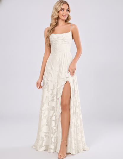 Сhampagne Floral Jacquard Chiffon Sleeveless Square Neck A-Line Maxi Dress | Ramblion | SKU: SM-483920571684315-CHAMPAGNE-L,SM-483920571684315-CHAMPAGNE-M,SM-483920571684315-CHAMPAGNE-S,SM-483920571684315-CHAMPAGNE-XL,SM-483920571684315-CHAMPAGNE-XS