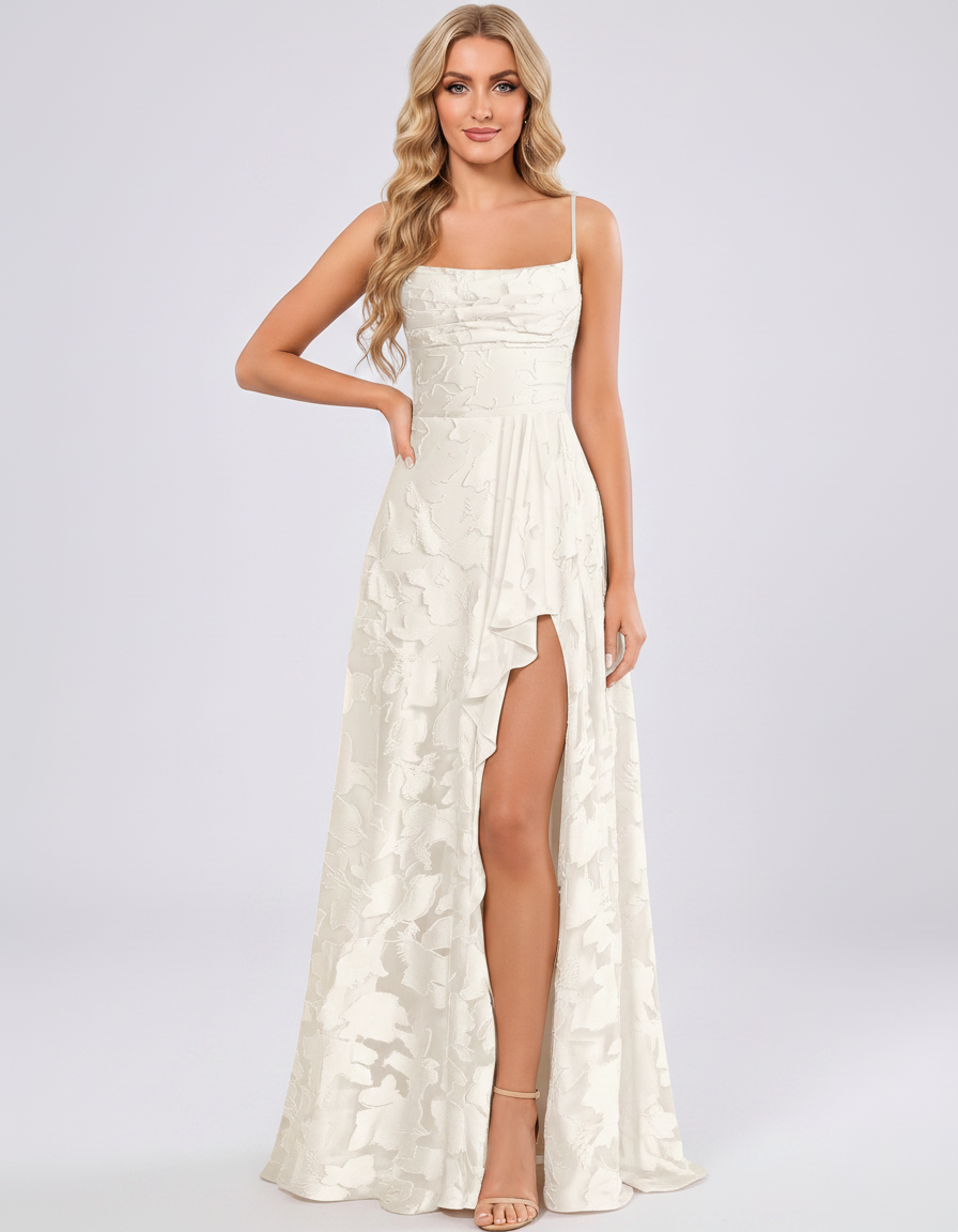 Сhampagne Floral Jacquard Chiffon Sleeveless Square Neck A-Line Maxi Dress | Ramblion | SKU: SM-483920571684315-CHAMPAGNE-L,SM-483920571684315-CHAMPAGNE-M,SM-483920571684315-CHAMPAGNE-S,SM-483920571684315-CHAMPAGNE-XL,SM-483920571684315-CHAMPAGNE-XS