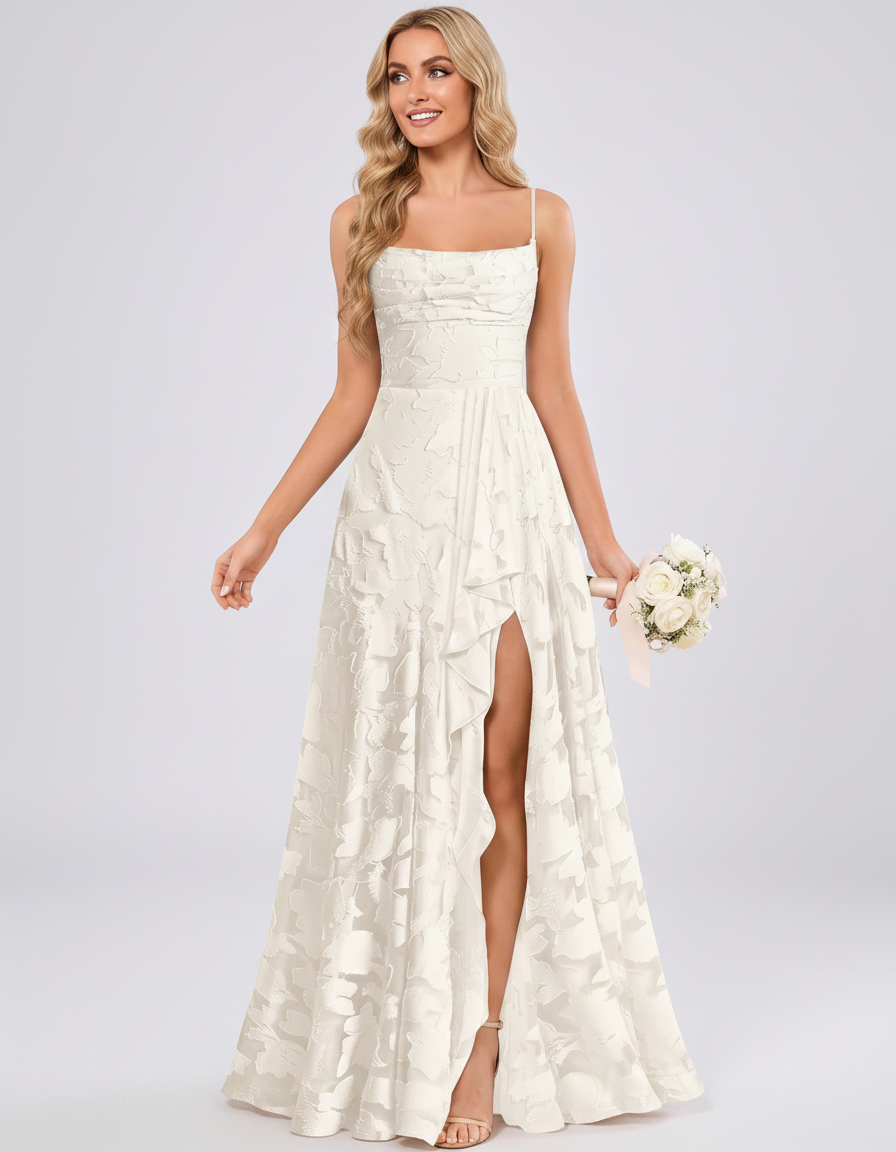 Сhampagne Floral Jacquard Chiffon Sleeveless Square Neck A-Line Maxi Dress | Ramblion | SKU: SM-483920571684315-CHAMPAGNE-L,SM-483920571684315-CHAMPAGNE-M,SM-483920571684315-CHAMPAGNE-S,SM-483920571684315-CHAMPAGNE-XL,SM-483920571684315-CHAMPAGNE-XS