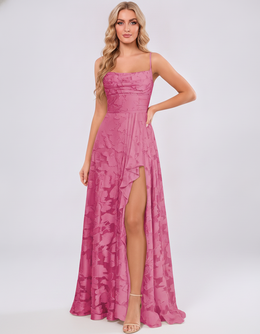 Hot pink Floral Jacquard Chiffon Sleeveless Square Neck A-Line Maxi Dress | Ramblion | SKU: SM-483920571684315-HOTPINK-L,SM-483920571684315-HOTPINK-M,SM-483920571684315-HOTPINK-S,SM-483920571684315-HOTPINK-XL,SM-483920571684315-HOTPINK-XS