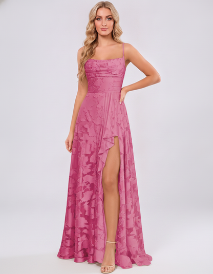 Hot pink Floral Jacquard Chiffon Sleeveless Square Neck A-Line Maxi Dress | Ramblion | SKU: SM-483920571684315-HOTPINK-L,SM-483920571684315-HOTPINK-M,SM-483920571684315-HOTPINK-S,SM-483920571684315-HOTPINK-XL,SM-483920571684315-HOTPINK-XS