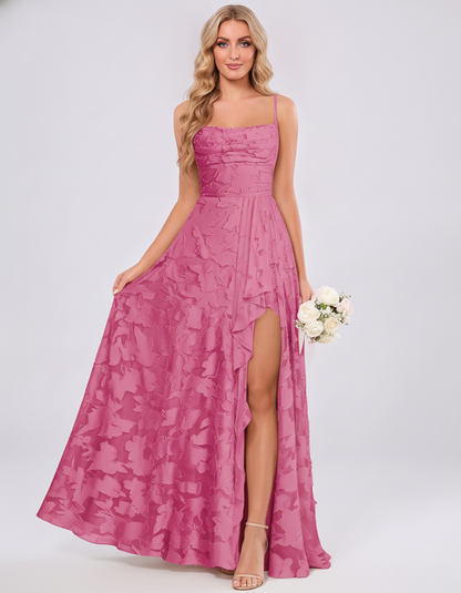 Hot pink Floral Jacquard Chiffon Sleeveless Square Neck A-Line Maxi Dress | Ramblion | SKU: SM-483920571684315-HOTPINK-L,SM-483920571684315-HOTPINK-M,SM-483920571684315-HOTPINK-S,SM-483920571684315-HOTPINK-XL,SM-483920571684315-HOTPINK-XS