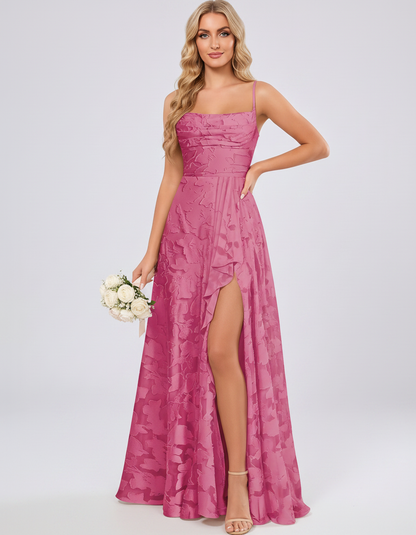 Hot pink Floral Jacquard Chiffon Sleeveless Square Neck A-Line Maxi Dress | Ramblion | SKU: SM-483920571684315-HOTPINK-L,SM-483920571684315-HOTPINK-M,SM-483920571684315-HOTPINK-S,SM-483920571684315-HOTPINK-XL,SM-483920571684315-HOTPINK-XS