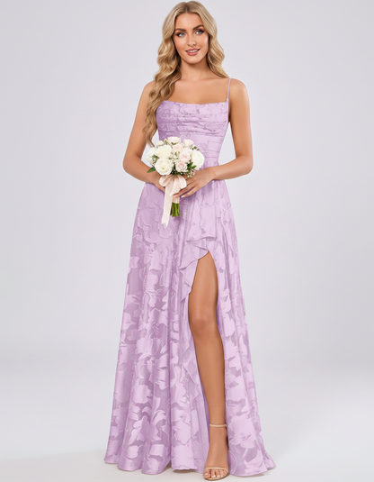 Lilac Floral Jacquard Chiffon Sleeveless Square Neck A-Line Maxi Dress | Ramblion | SKU: SM-483920571684315-LILAC-L,SM-483920571684315-LILAC-M,SM-483920571684315-LILAC-S,SM-483920571684315-LILAC-XL,SM-483920571684315-LILAC-XS