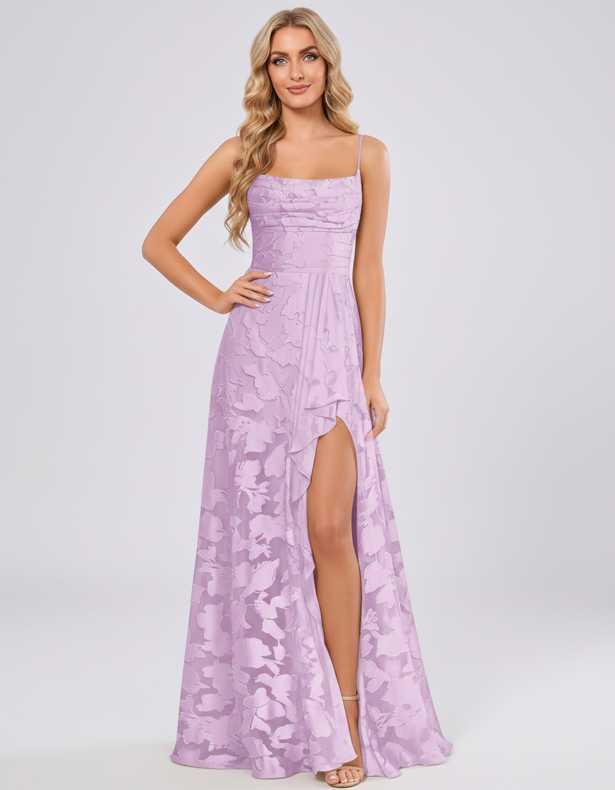 Lilac Floral Jacquard Chiffon Sleeveless Square Neck A-Line Maxi Dress | Ramblion | SKU: SM-483920571684315-LILAC-L,SM-483920571684315-LILAC-M,SM-483920571684315-LILAC-S,SM-483920571684315-LILAC-XL,SM-483920571684315-LILAC-XS