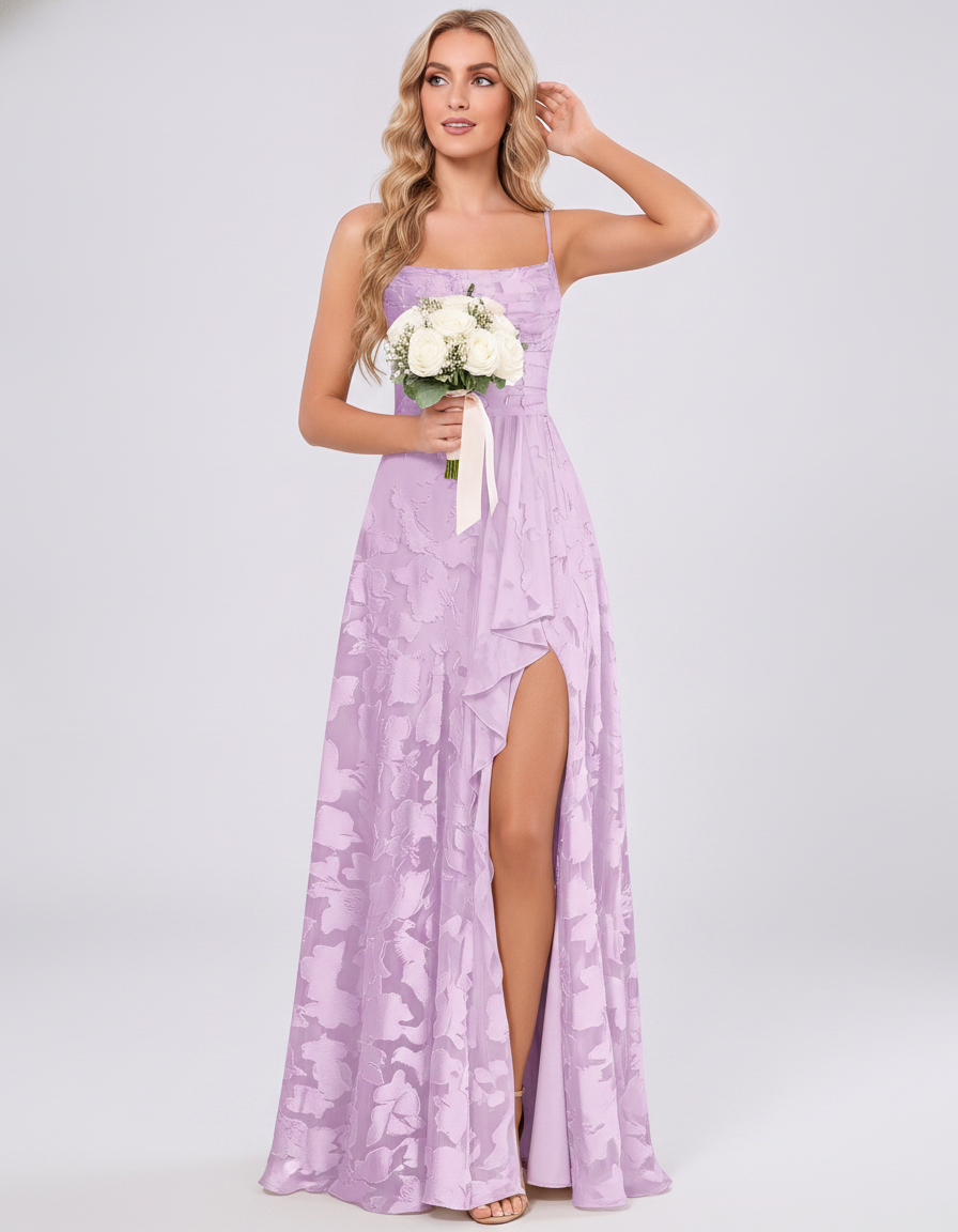 Lilac Floral Jacquard Chiffon Sleeveless Square Neck A-Line Maxi Dress | Ramblion | SKU: SM-483920571684315-LILAC-L,SM-483920571684315-LILAC-M,SM-483920571684315-LILAC-S,SM-483920571684315-LILAC-XL,SM-483920571684315-LILAC-XS