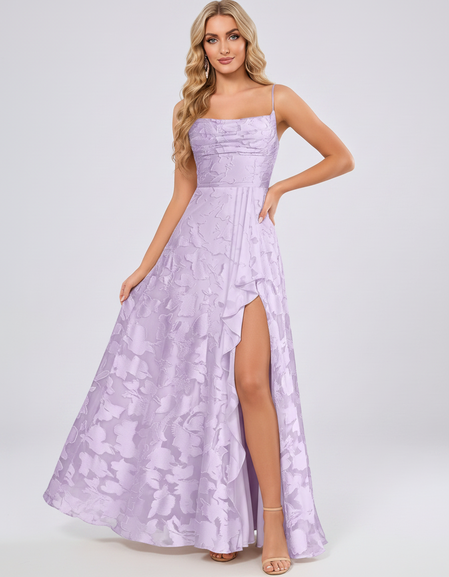 Lavender Floral Jacquard Chiffon Sleeveless Square Neck A-Line Maxi Dress | Ramblion | SKU: SM-483920571684315-LAVENDER-L,SM-483920571684315-LAVENDER-M,SM-483920571684315-LAVENDER-S,SM-483920571684315-LAVENDER-XL,SM-483920571684315-LAVENDER-XS