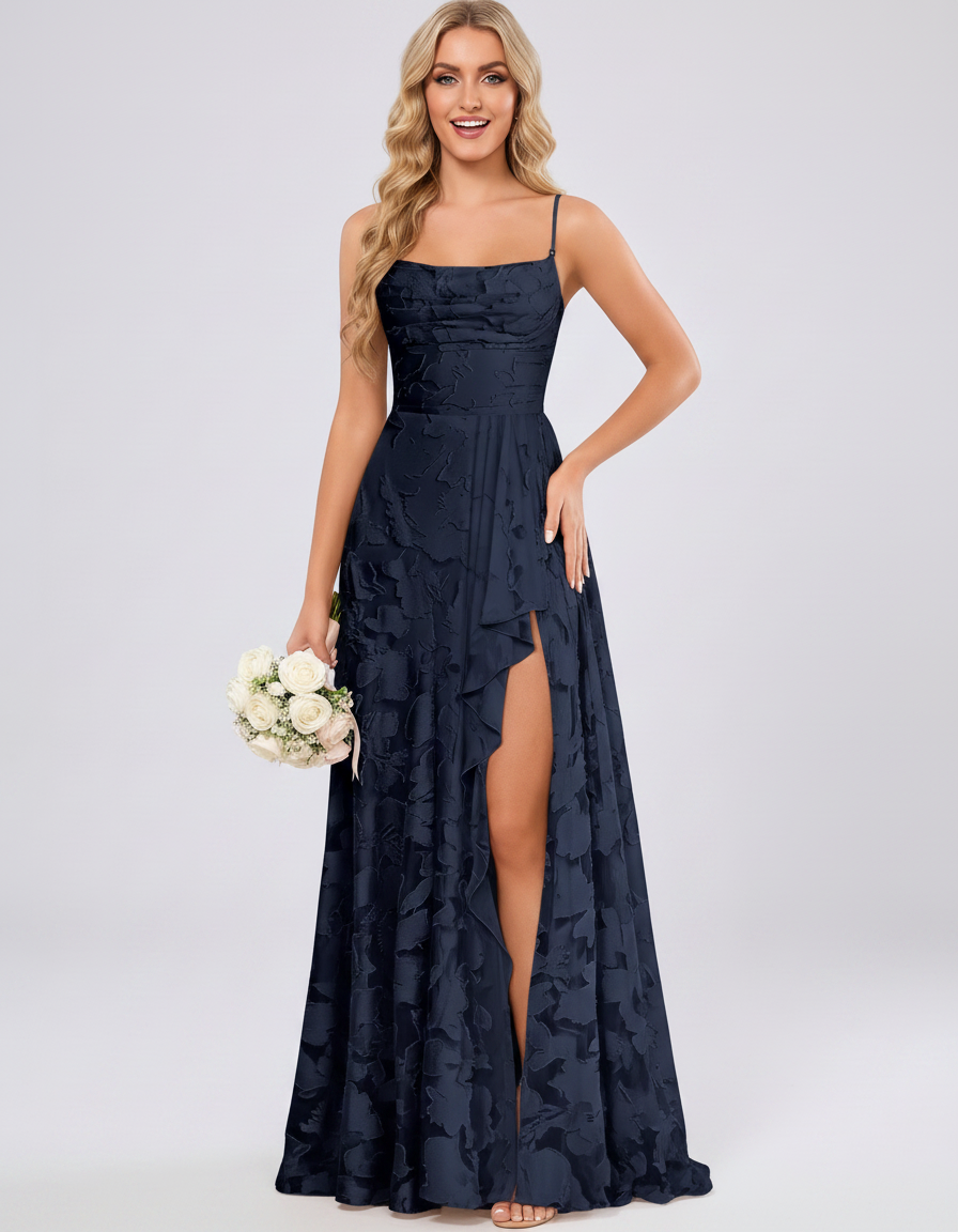 Navy Floral Jacquard Chiffon Sleeveless Square Neck A-Line Maxi Dress | Ramblion | SKU: SM-483920571684315-NAVY-L,SM-483920571684315-NAVY-M,SM-483920571684315-NAVY-S,SM-483920571684315-NAVY-XL,SM-483920571684315-NAVY-XS