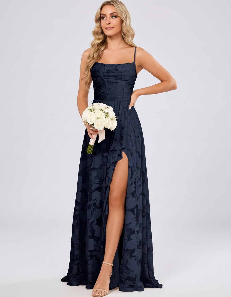 Navy Floral Jacquard Chiffon Sleeveless Square Neck A-Line Maxi Dress | Ramblion | SKU: SM-483920571684315-NAVY-L,SM-483920571684315-NAVY-M,SM-483920571684315-NAVY-S,SM-483920571684315-NAVY-XL,SM-483920571684315-NAVY-XS
