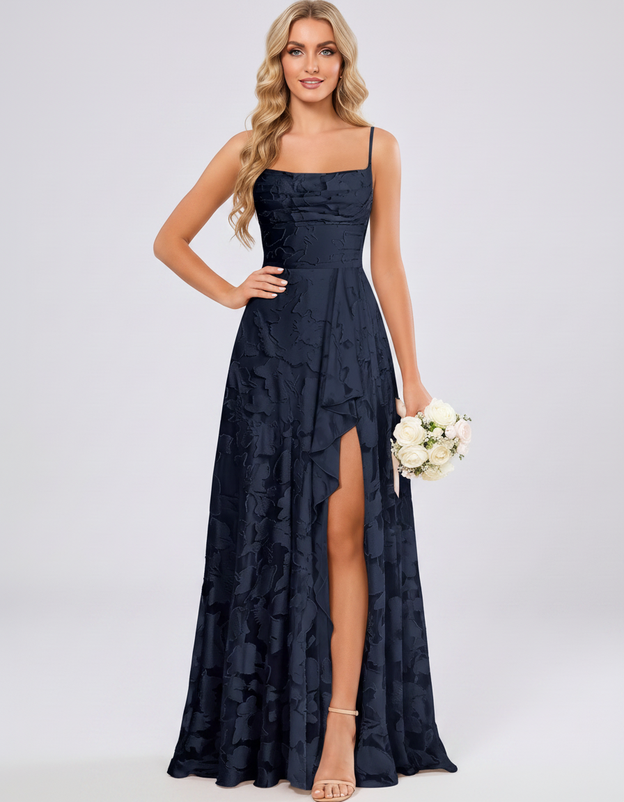 Navy Floral Jacquard Chiffon Sleeveless Square Neck A-Line Maxi Dress | Ramblion | SKU: SM-483920571684315-NAVY-L,SM-483920571684315-NAVY-M,SM-483920571684315-NAVY-S,SM-483920571684315-NAVY-XL,SM-483920571684315-NAVY-XS