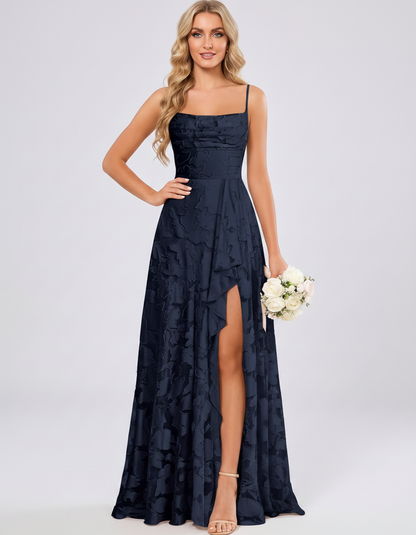 Navy Floral Jacquard Chiffon Sleeveless Square Neck A-Line Maxi Dress | Ramblion | SKU: SM-483920571684315-NAVY-L,SM-483920571684315-NAVY-M,SM-483920571684315-NAVY-S,SM-483920571684315-NAVY-XL,SM-483920571684315-NAVY-XS