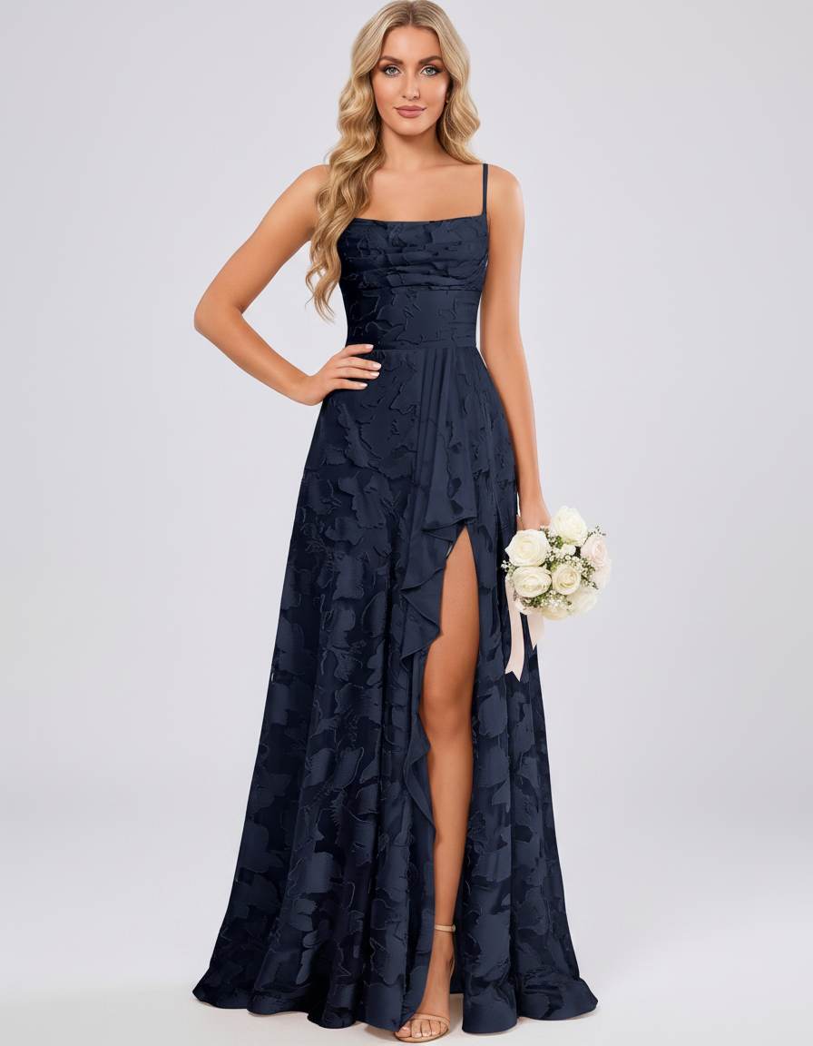 Navy Floral Jacquard Chiffon Sleeveless Square Neck A-Line Maxi Dress | Ramblion | SKU: SM-483920571684315-NAVY-L,SM-483920571684315-NAVY-M,SM-483920571684315-NAVY-S,SM-483920571684315-NAVY-XL,SM-483920571684315-NAVY-XS