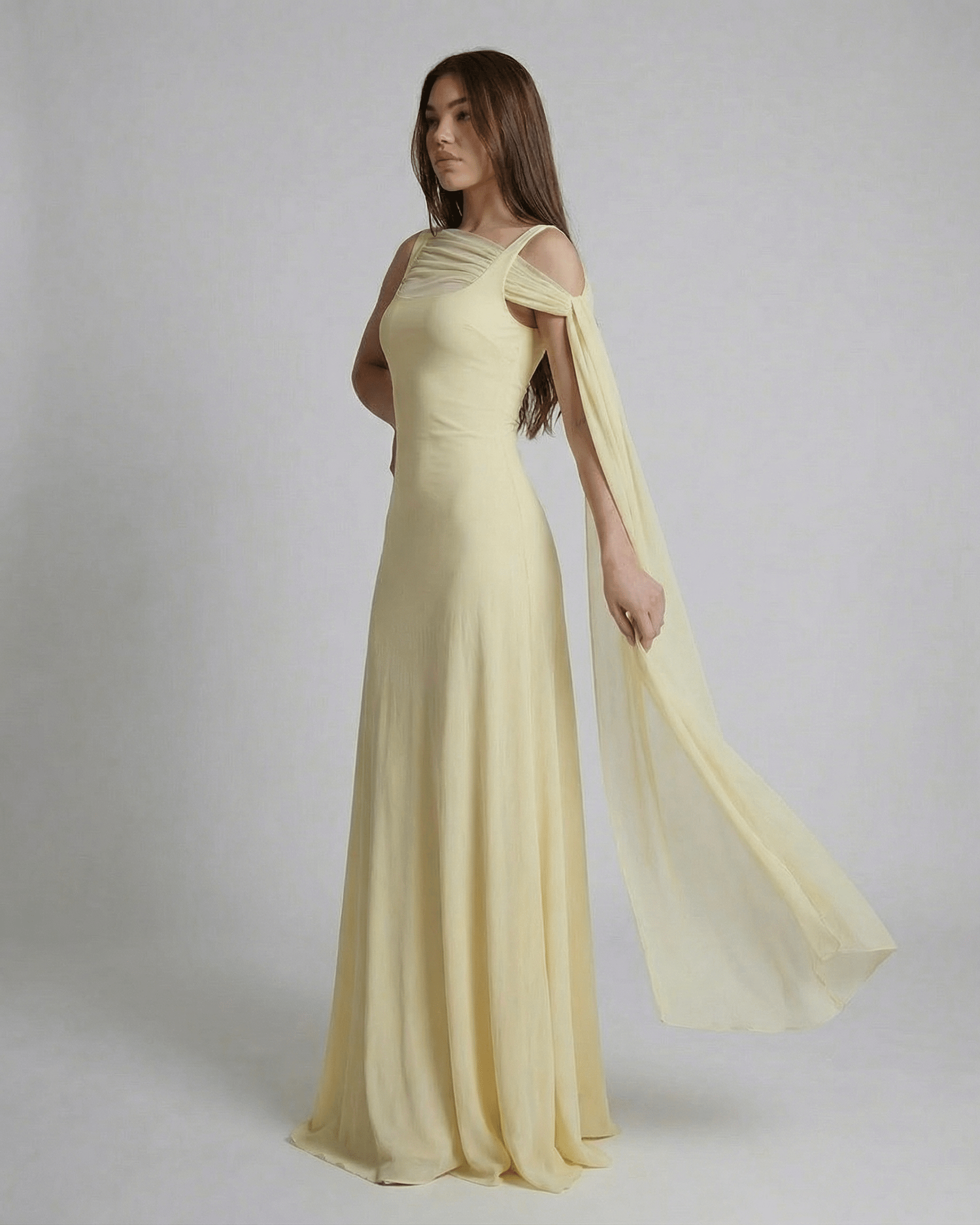 Hira Maxi Dress in light yellow, featuring a square neck, elegant design, perfect for special occasions, by RAMBLION.