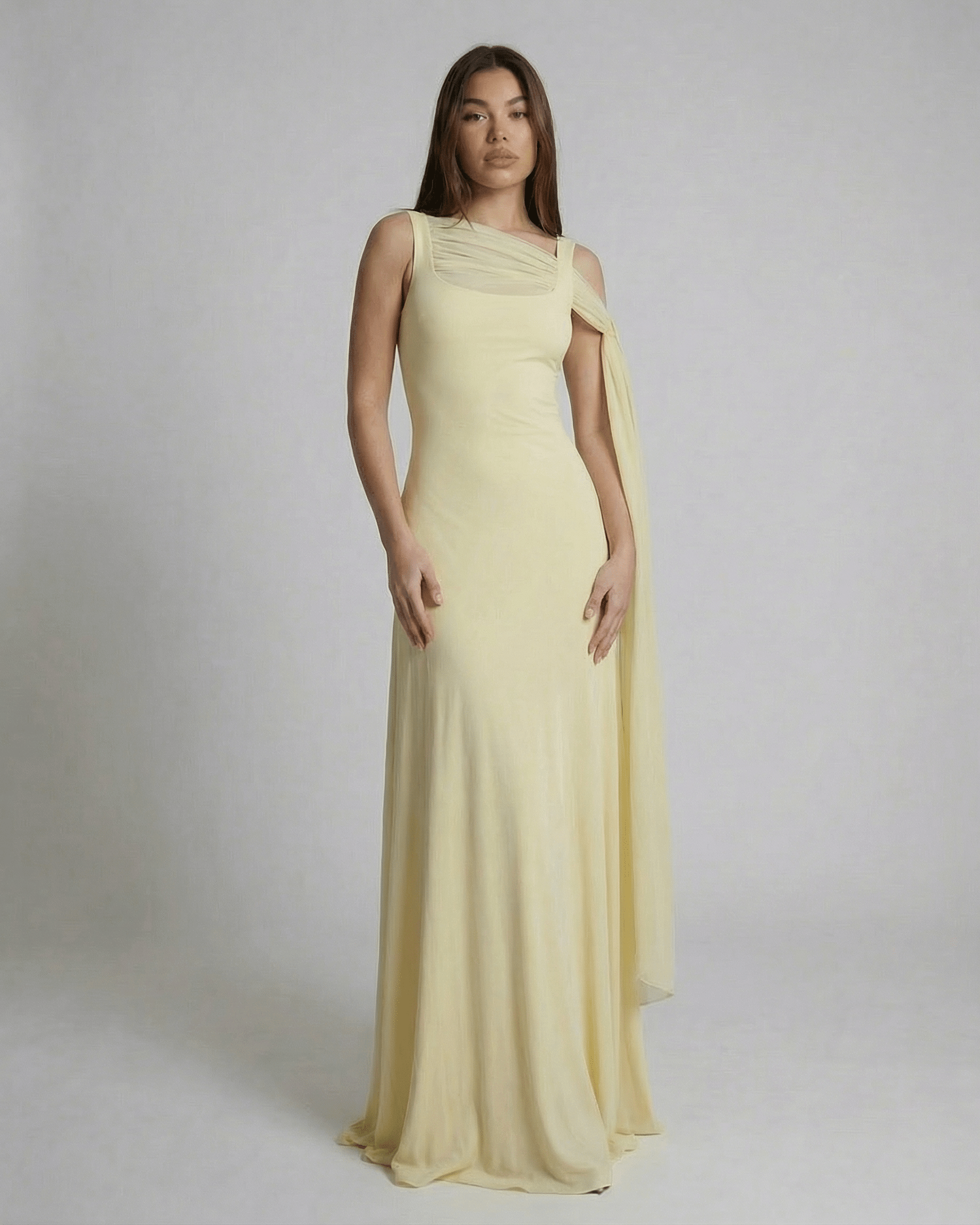 Yellow Satin Sheath Square Neck Sleeveless Maxi Dress