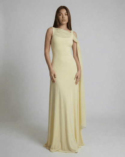 Hira Maxi Dress in yellow, elegant square neck design, high-waisted silhouette, perfect for special occasions by RAMBLION.