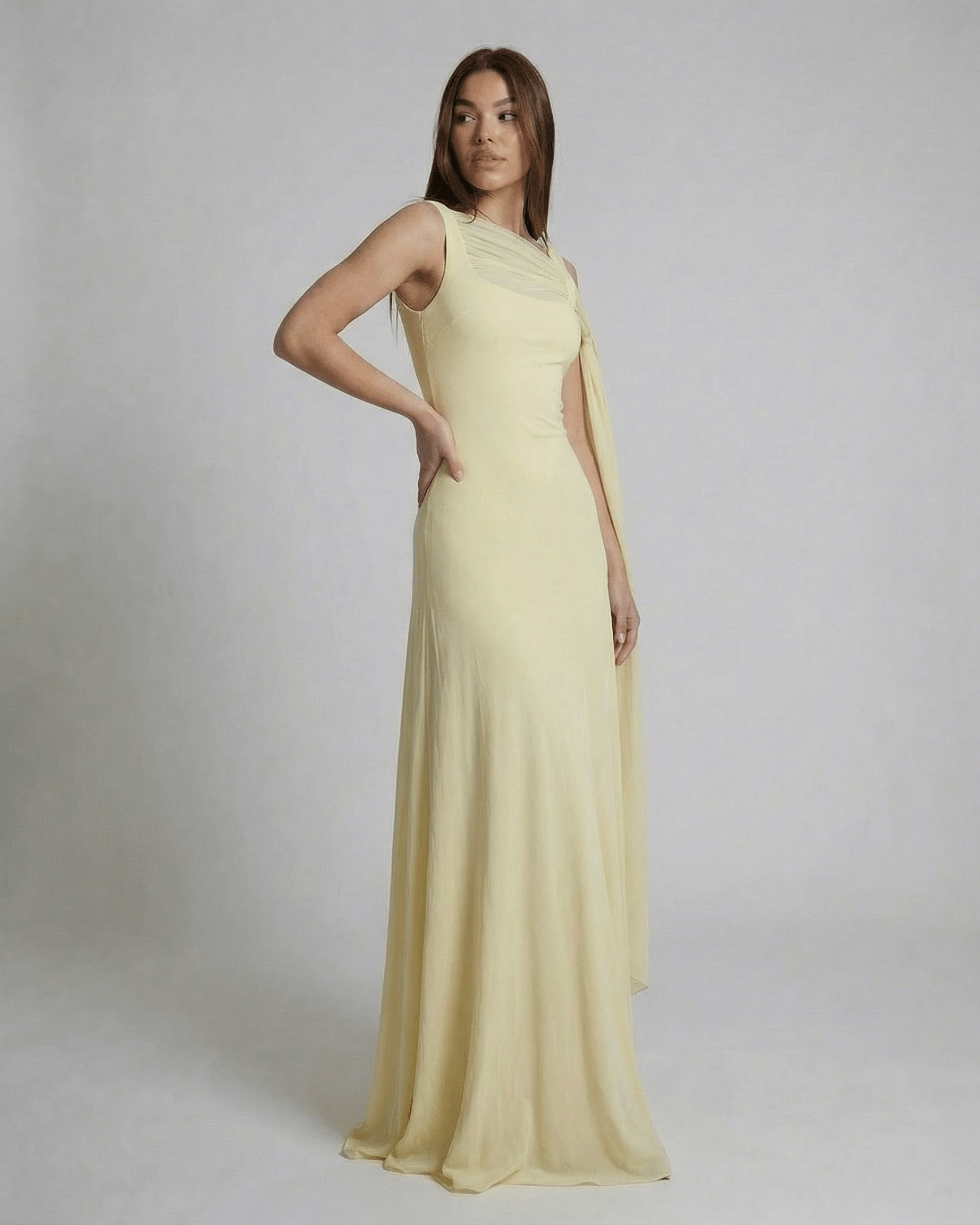 Hira Maxi Dress, yellow ankle-length, square neckline, elegant slip design by RAMBLION for special occasions.