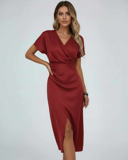 Hira Midi Dress in deep red satin, featuring a V-neck, stylish wrap, perfect for elegant occasions, RAMBLION brand.