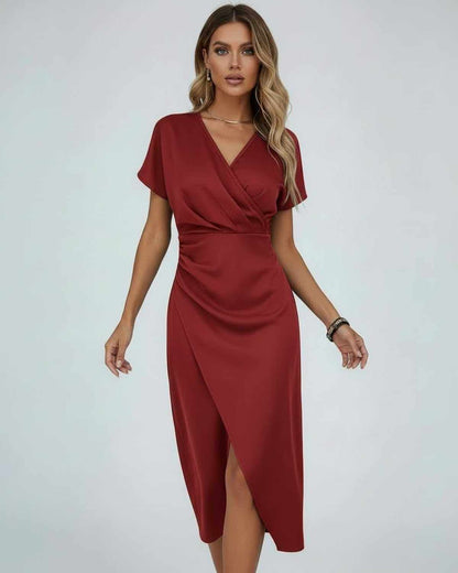 Hira Midi Dress by RAMBLION, red satin, V-neck, chic elegance for special occasions.