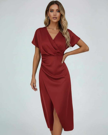 Hira Midi Dress by RAMBLION, red satin midi dress, V-neck, modern elegance for any occasion.