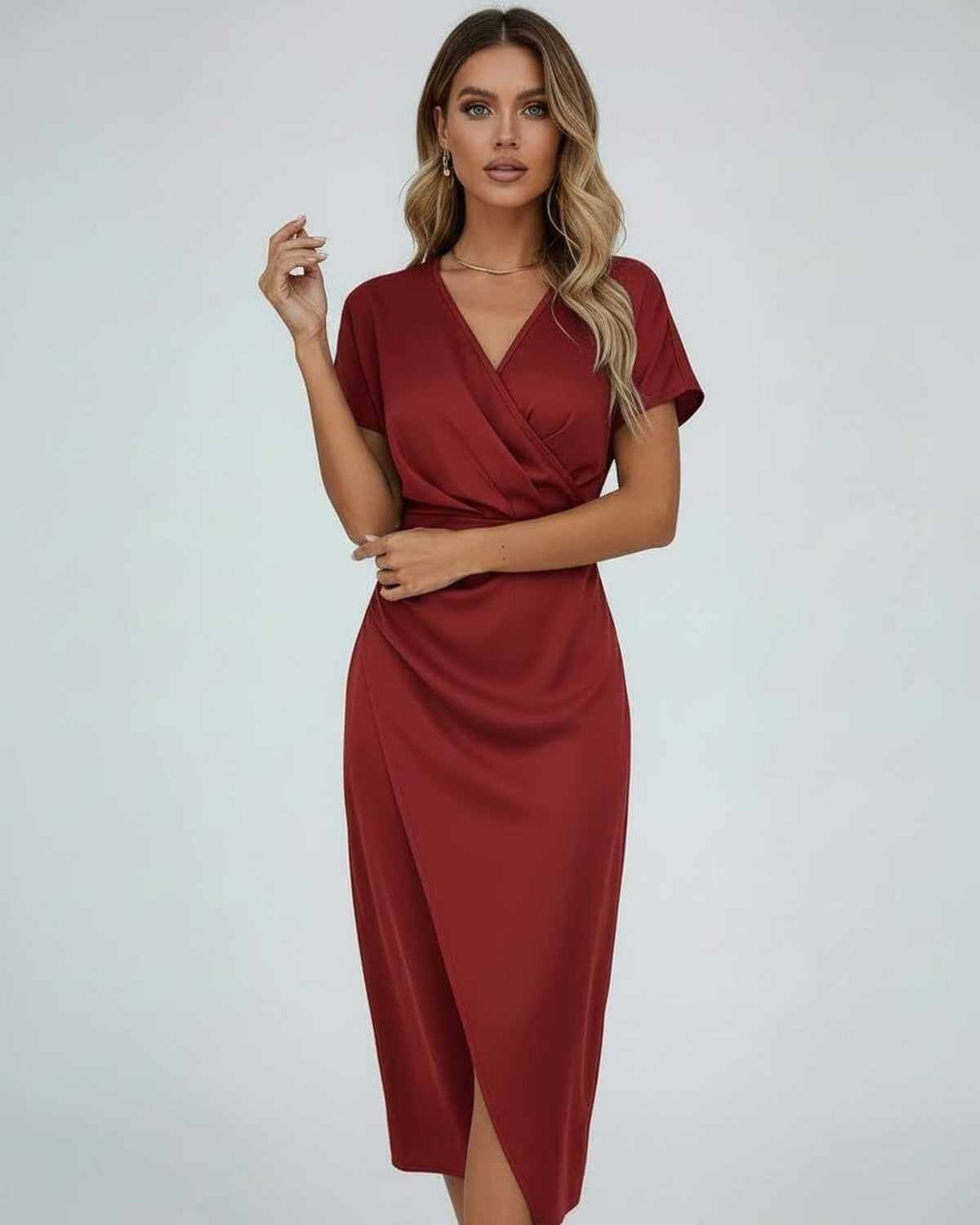 Hira Midi Dress in deep red, V-neck, satin finish, elegant and modern for special occasions by RAMBLION.