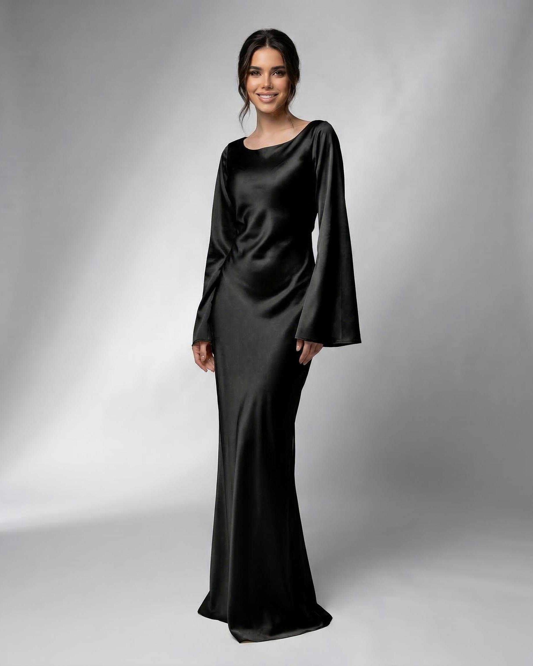 Hive Maxi Dress in black satin, featuring boat neck and long sleeves, perfect for formal occasions by RAMBLION.