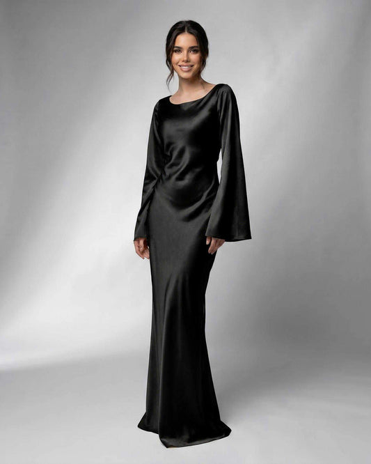 Hive Maxi Dress in black satin, featuring boat neck and long sleeves, perfect for formal occasions by RAMBLION.