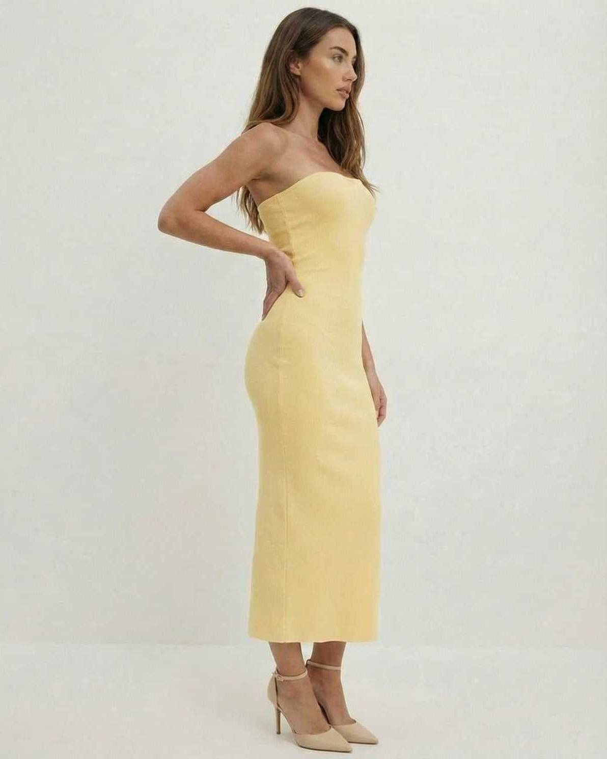 Hive Midi Dress by RAMBLION, yellow strapless, midi-length, sophisticated style, perfect for spring occasions.