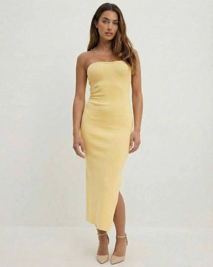 Hive Midi Dress in yellow, strapless, 100% cotton, perfect for spring occasions by RAMBLION.