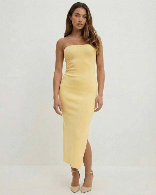 Hive Midi Dress in yellow, strapless, 100% cotton, perfect for spring occasions by RAMBLION.