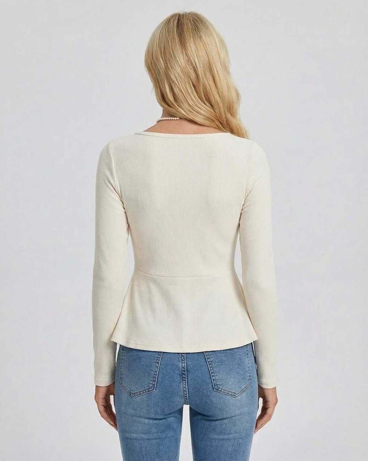 Back view of the Holl Pullover by RAMBLION, featuring a square neck and long sleeves in soft beige.