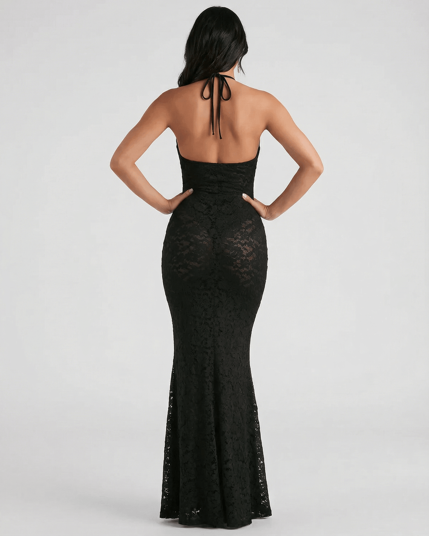 Hope Maxi Dress back view, black lace design, elegant silhouette, perfect for formal occasions, RAMBLION brand.