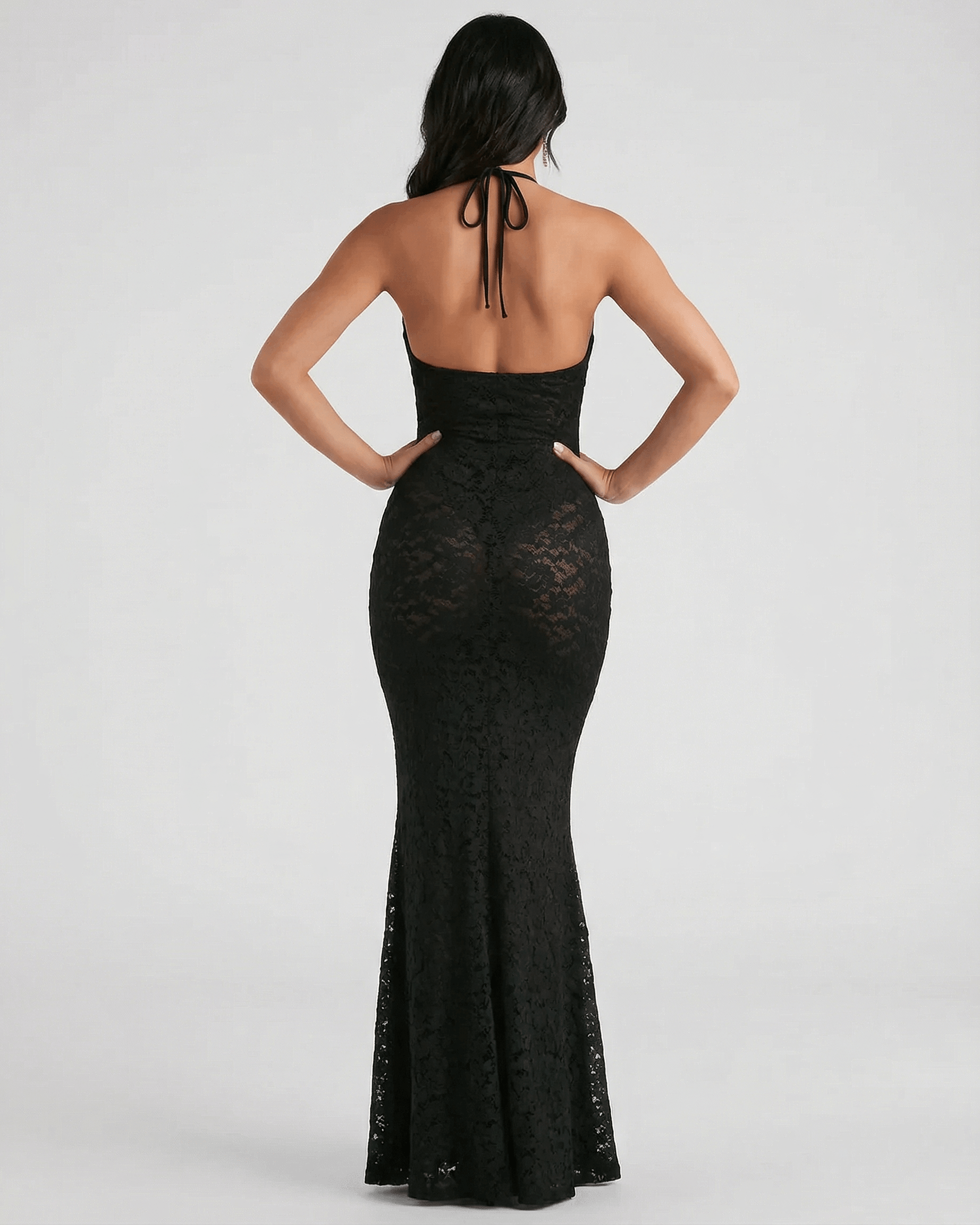 Hope Maxi Dress back view, black lace design, elegant silhouette, perfect for formal occasions, RAMBLION brand.