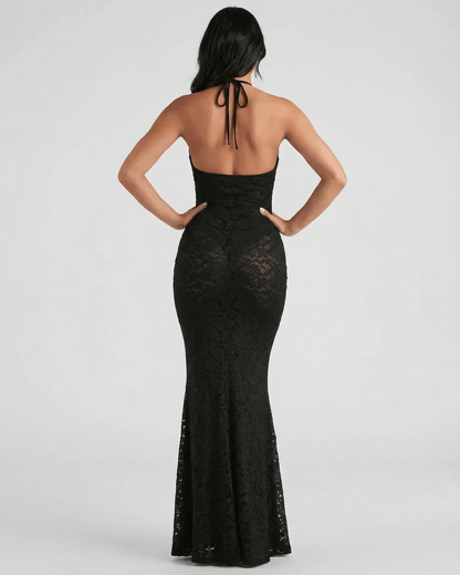 Hope Maxi Dress back view, black lace design, elegant silhouette, perfect for formal occasions, RAMBLION brand.