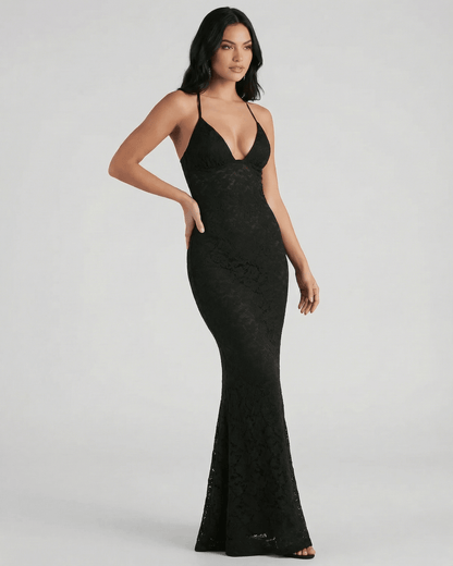 Hope Maxi Dress in black featuring lace textures, V neck, and elegant trumpet silhouette by RAMBLION.