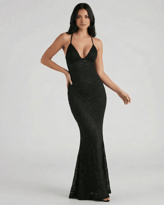 Hope Maxi Dress by RAMBLION, elegant black ankle-length gown with lace texture, perfect for chic occasions.
