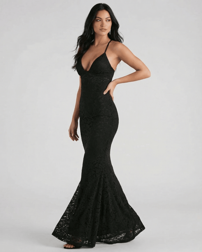 Hope Maxi Dress in elegant black lace, featuring a V neck and trumpet silhouette, perfect for chic occasions by RAMBLION.