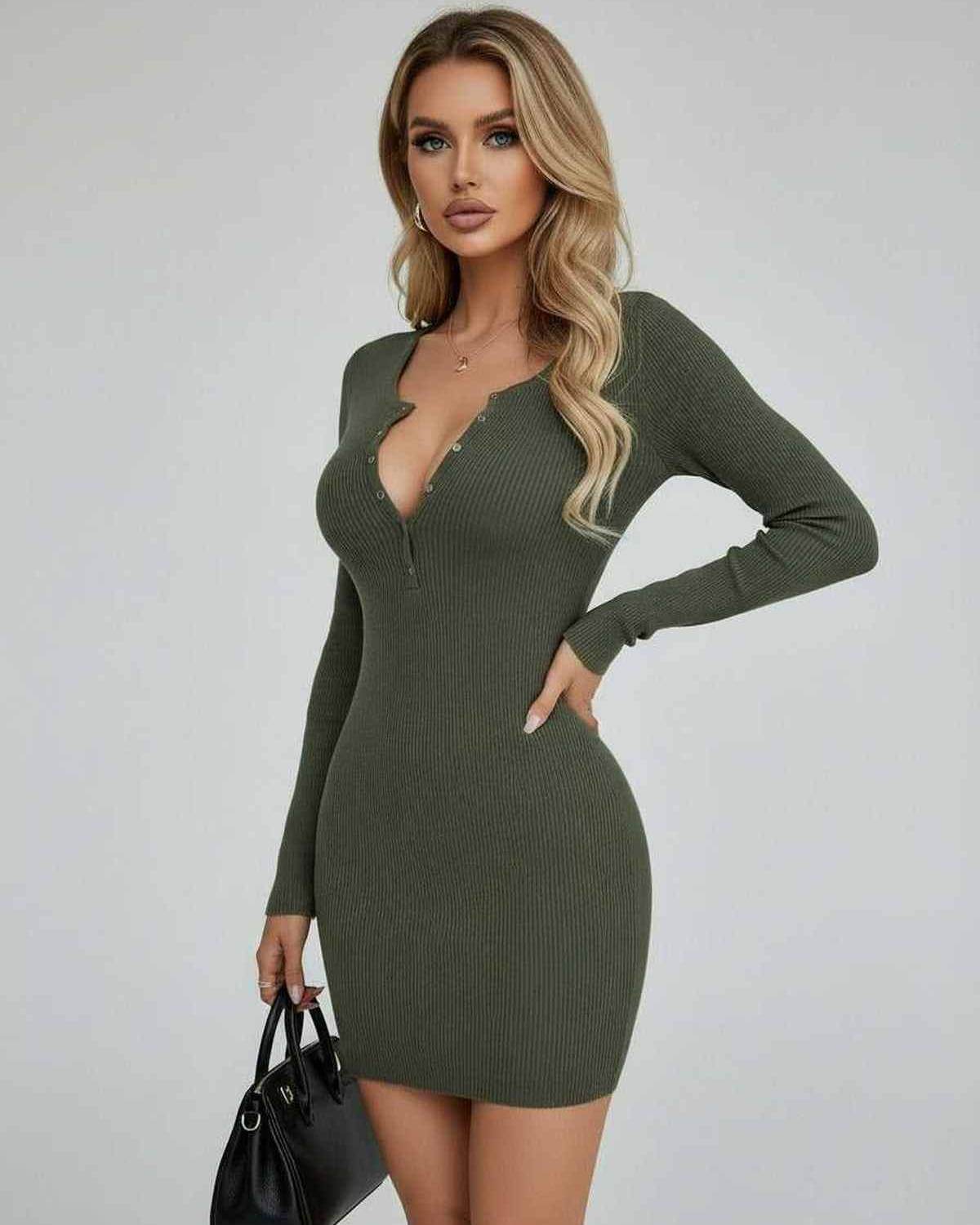 Olive Mini Dress featuring body-hugging silhouette and half-open collar in solid olive green color.