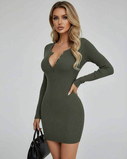Olive Mini Dress featuring body-hugging silhouette and half-open collar in solid olive green color.