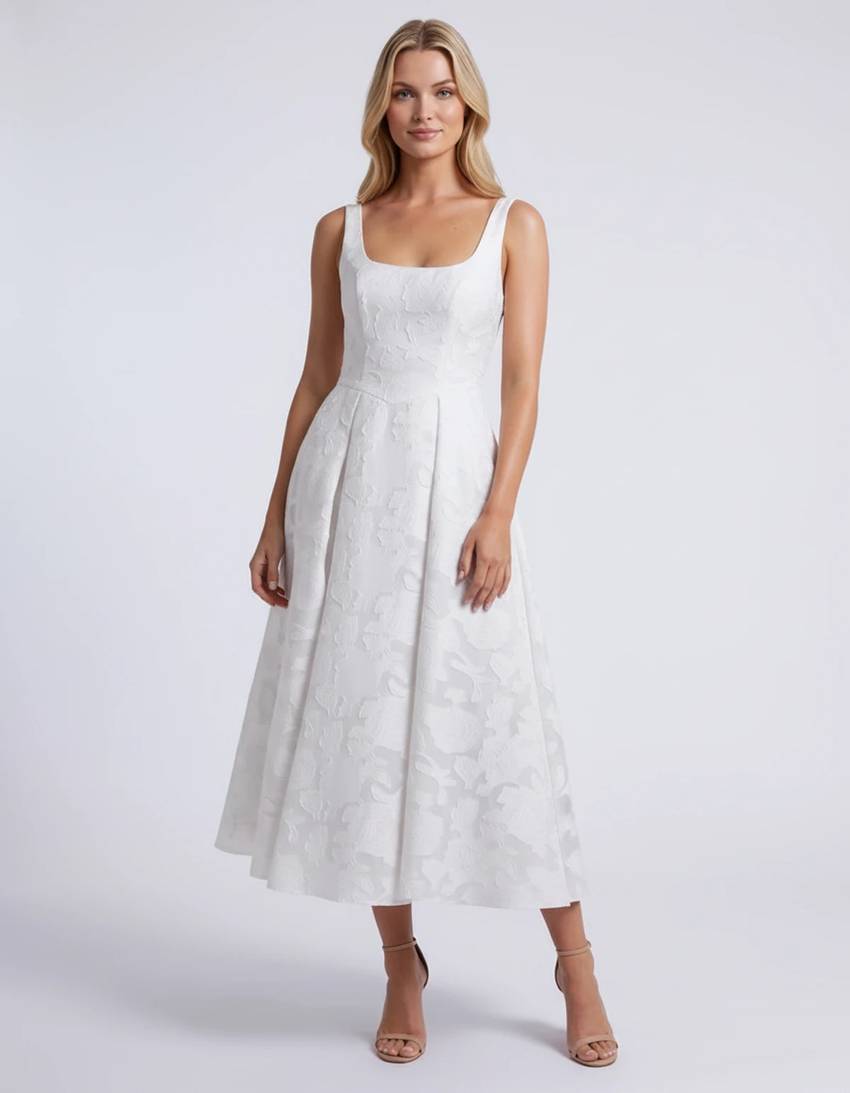 Hortensia Midi Dresses — White | SKU: RB-e2b9e3-white-2,RB-e2b9e3-white-4,RB-e2b9e3-white-6,RB-e2b9e3-white-8,RB-e2b9e3-white-10,RB-e2b9e3-white-12,RB-e2b9e3-white-14,RB-e2b9e3-white-16,RB-e2b9e3-white-16W,RB-e2b9e3-white-18W,RB-e2b9e3-white-20W,RB-e2b9e3-white-22W