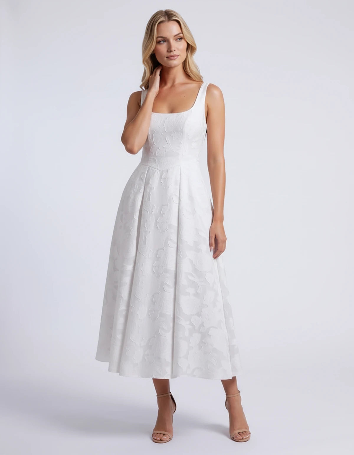 Hortensia Midi Dresses — White | SKU: RB-e2b9e3-white-2,RB-e2b9e3-white-4,RB-e2b9e3-white-6,RB-e2b9e3-white-8,RB-e2b9e3-white-10,RB-e2b9e3-white-12,RB-e2b9e3-white-14,RB-e2b9e3-white-16,RB-e2b9e3-white-16W,RB-e2b9e3-white-18W,RB-e2b9e3-white-20W,RB-e2b9e3-white-22W