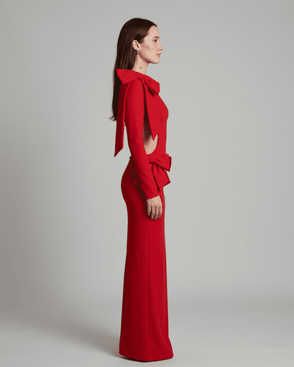 Houndstooth Maxi Dress in red with long sleeves, sculptural bow accents, elegant silhouette, RAMBLION brand.