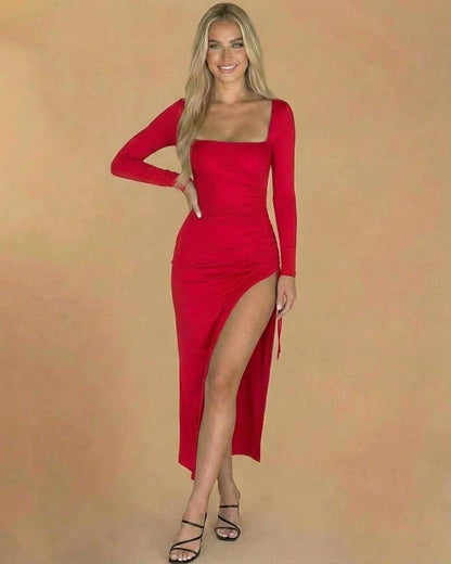 Houndstooth Midi Dress by RAMBLION, red midi dress with square neck, long sleeves, perfect for upscale celebrations.