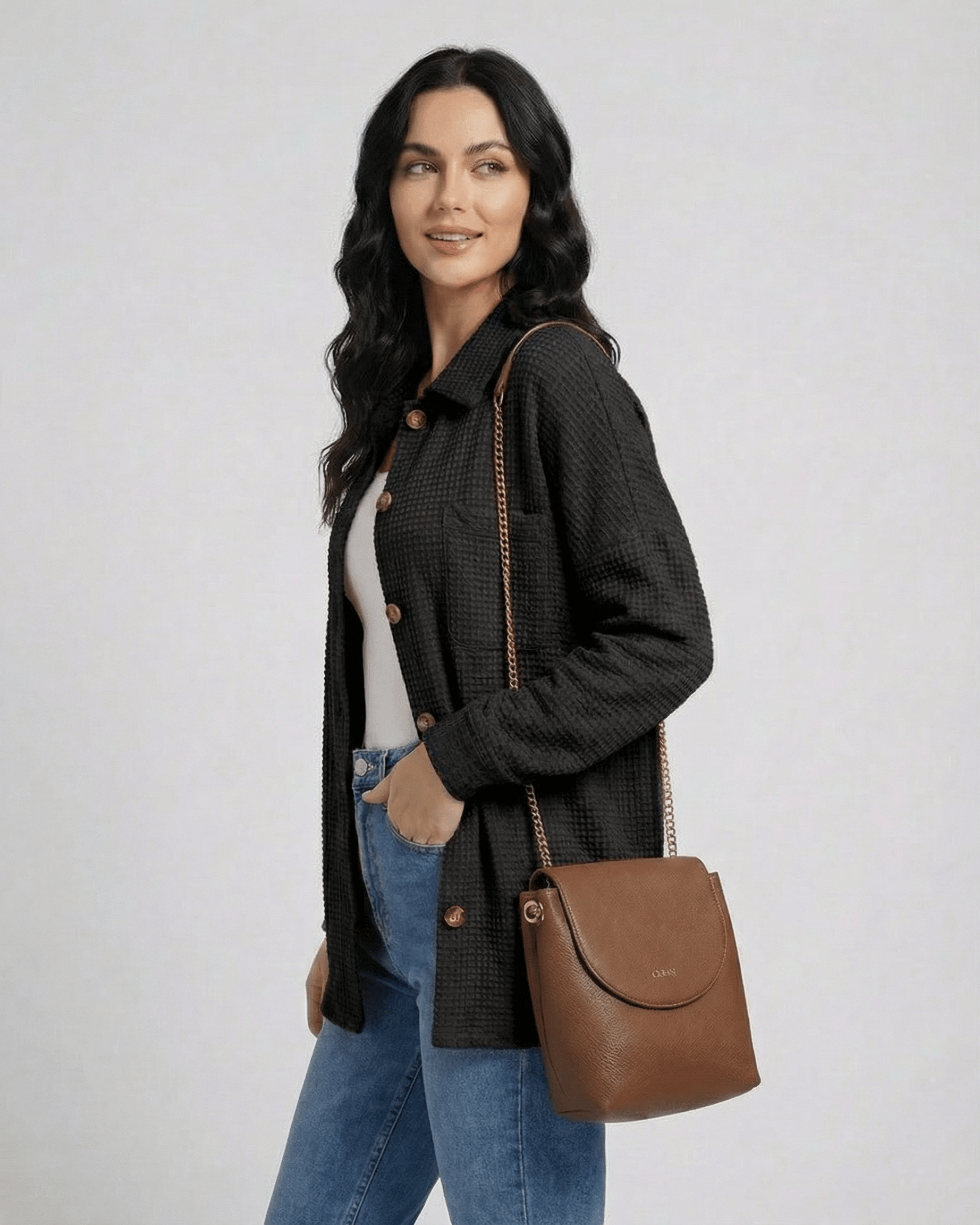 Ibiz Jacket by RAMBLION, textured black women's jacket, perfect for chic occasions with a relaxed elegance.