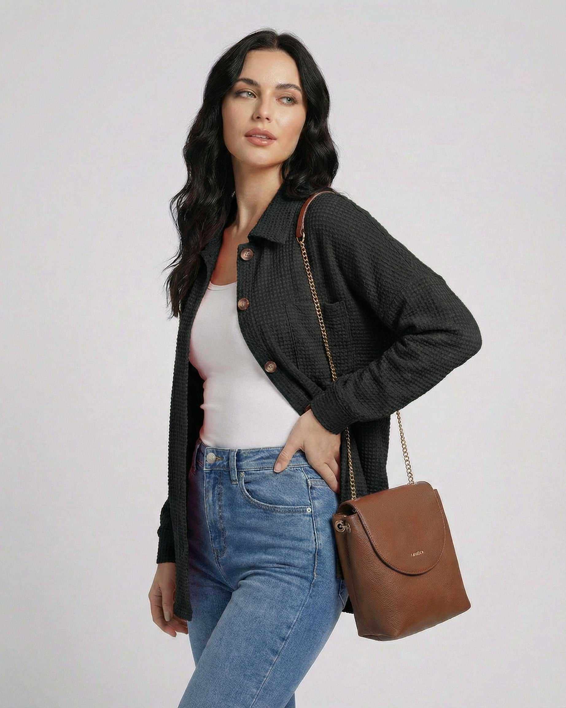 Ibiz Jacket by RAMBLION, black women's jacket featuring textured waffle knit, perfect for chic everyday wear.