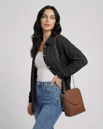 Ibiz Jacket by RAMBLION, black women's jacket featuring textured waffle knit, perfect for chic everyday wear.
