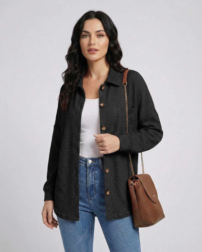 Ibiz Jacket by RAMBLION, black waffle knit, modern silhouette, chic styling for relaxed occasions.