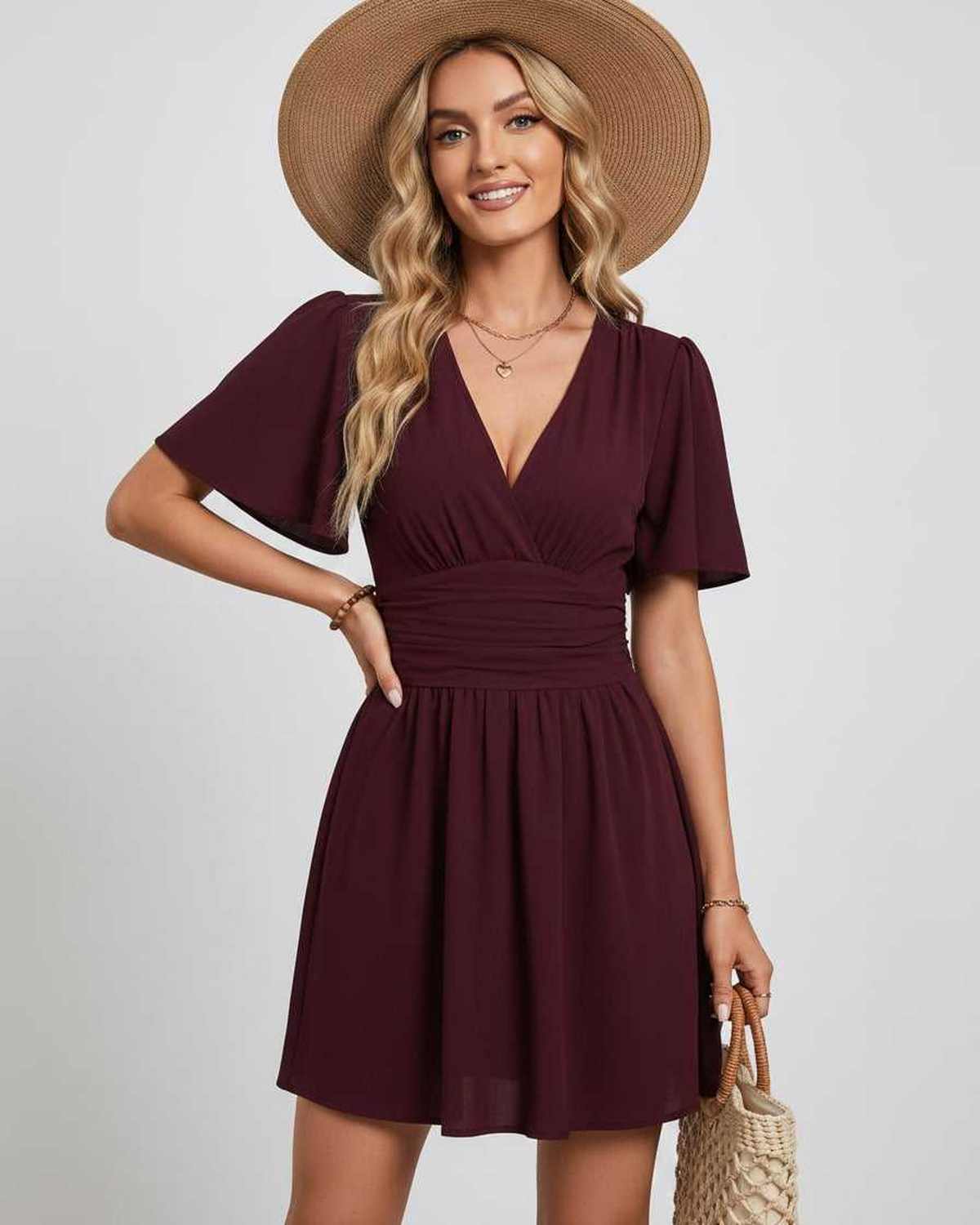 Ramblion Ila mini dress — v-neck neckline · fabric close-up · styled for prom season