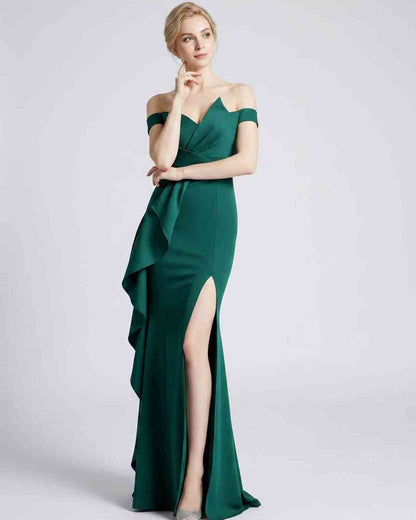 Ramblion Ilara maxi dress — off-shoulder neckline · fabric close-up · styled for prom season