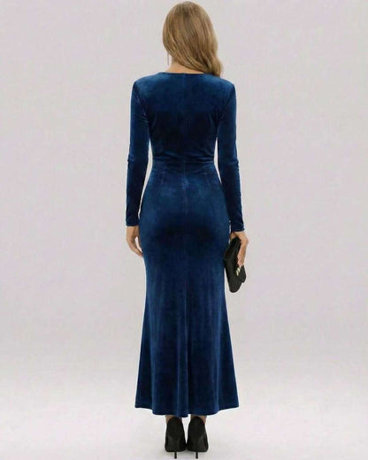 Ilma Maxi Dress in navy velvet, long sleeves, elegant ankle length, perfect for special occasions by RAMBLION.